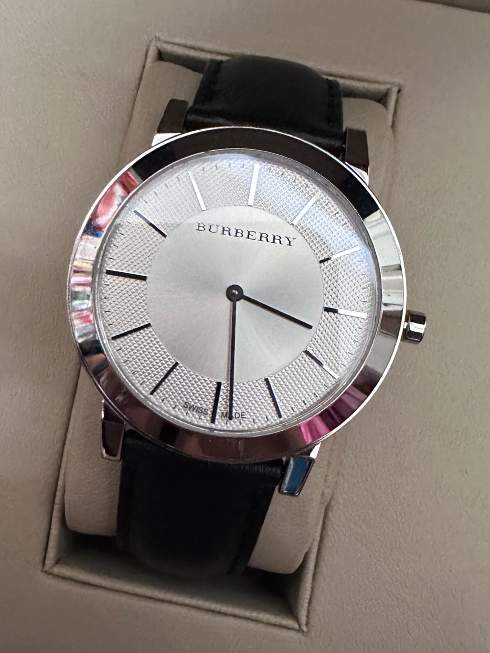Burberry Unisex Silver Dial Black Leather Watch
